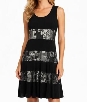 Joseph Ribkoff Midi Dress Black Lace Panel Jersey Stretch SZ M Designer Classic